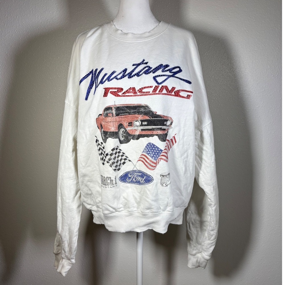 Ford Mustang Racing Graphic Rhinestone Bedazzled Forever 21 Sweatshirt White S